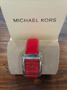 Michael Kors Hot Pink Leather Strap Rectangular Watch MK 1128